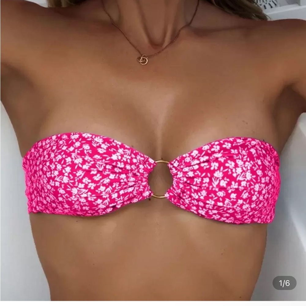 SHEIN - Pink and White Floral Print Bikini Top